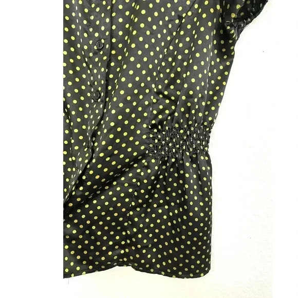 Forever Women's Black Shiny Blouse Elastic Waist Yellow Polka Dots Medium Retro - Picture 6 of 8